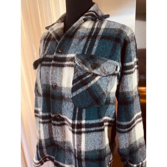 Vintage 60s Canadian Lumber Jack Wool Plaid Shirt, blue teal black & white, (S) - Picture 4 of 10